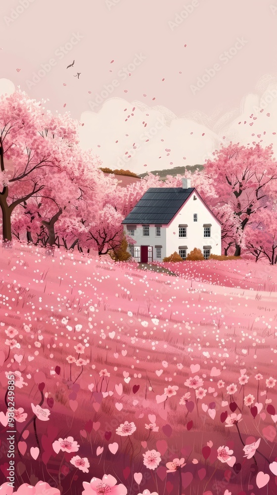 A serene countryside scene with a charming house surrounded by pink blossoms. A serene countryside scene with a charming house surrounded by pink blossoms.