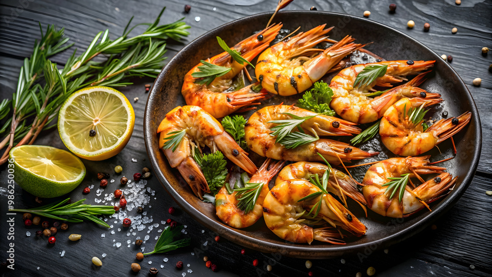 Close-up of grilled shrimp with herbs and lemon on a dark background, grilled shrimp, herbs, lemon, seafood, delicious Close-up of grilled shrimp with herbs and lemon on a dark background, grilled shrimp, herbs, lemon, seafood, delicious