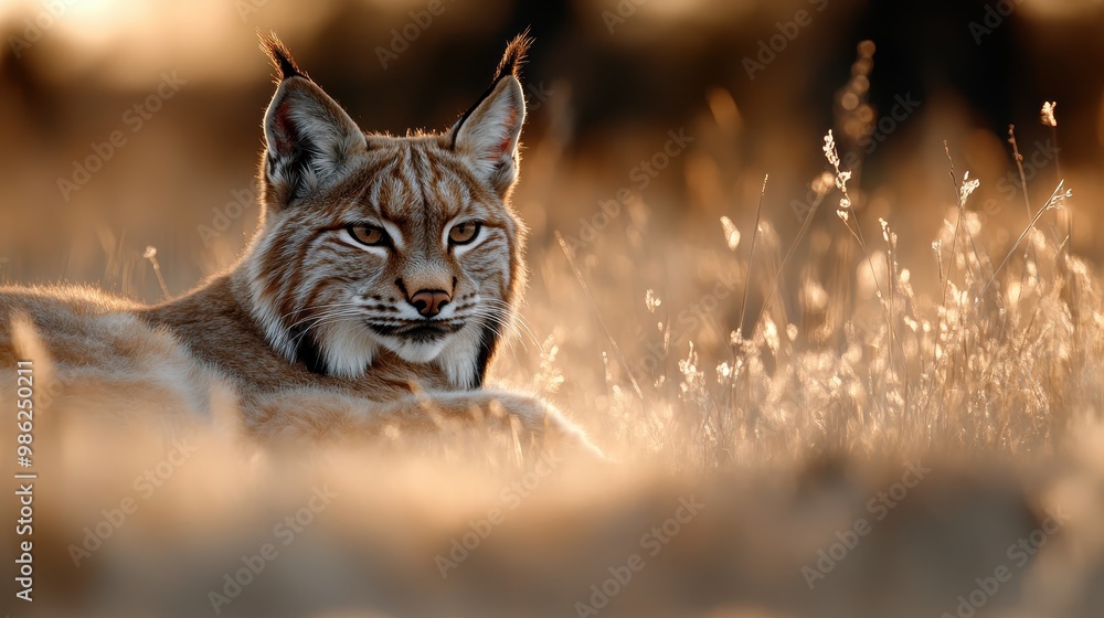 A majestic lynx lies down in a golden field under the soft glow of evening light, exuding calmness and serenity while blending harmoniously with the picturesque natural setting. A majestic lynx lies down in a golden field under the soft glow of evening light, exuding calmness and serenity while blending harmoniously with the picturesque natural setting.