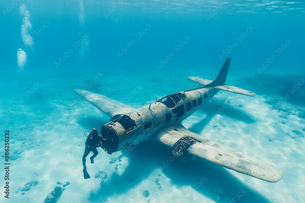 Fototapeta premium Scuba diver exploring a sunken airplane wreck in clear blue waters during bright daylight