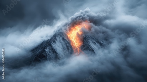 A powerful volcano erupts violently, spewing lava and smoke into the sky, with dramatic clouds forming around the fiery display, creating a stunning natural spectacle.