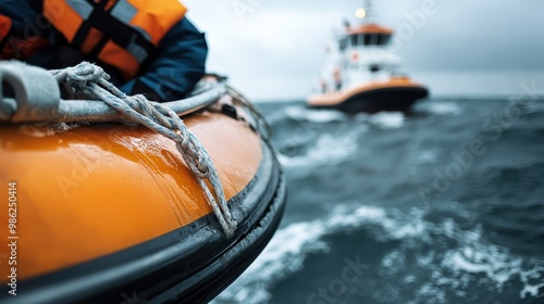 An orange lifeboat, braving rough and challenging waters, performs a rescue operation with a supporting boat in the background, embodying courage and resilience at sea. photo