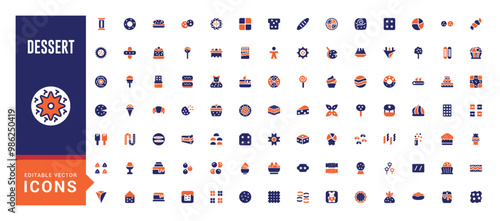 desserts and Sweets color icon set. Containing candy, lollipop, ice cream, cookie, cake, sugar and more. colorful Vector solid icons collection.