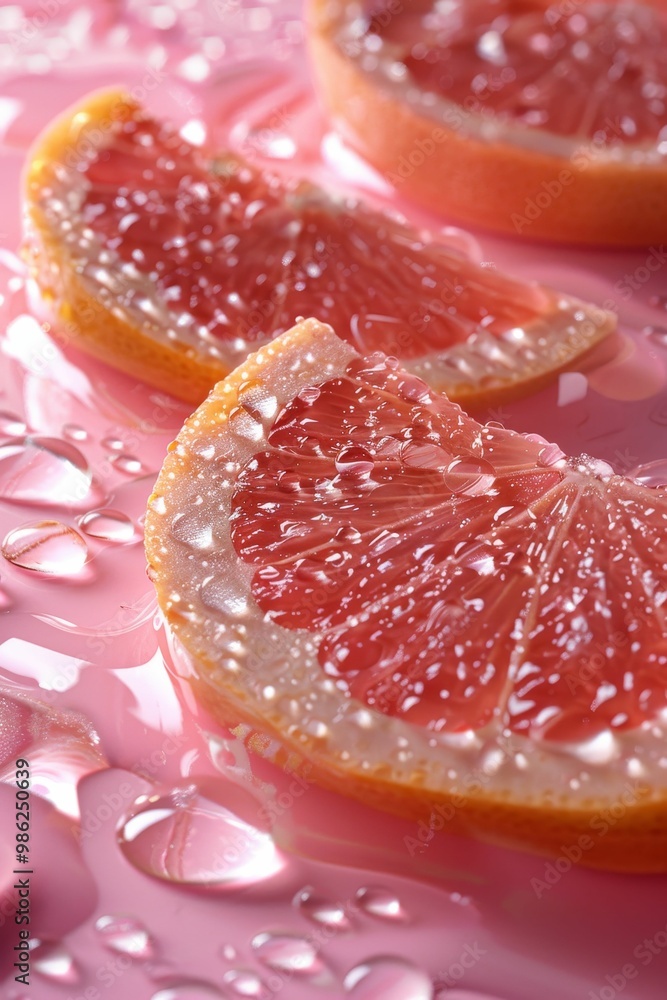 Fresh grapefruit slices with droplets on a pink surface. Fresh grapefruit slices with droplets on a pink surface.