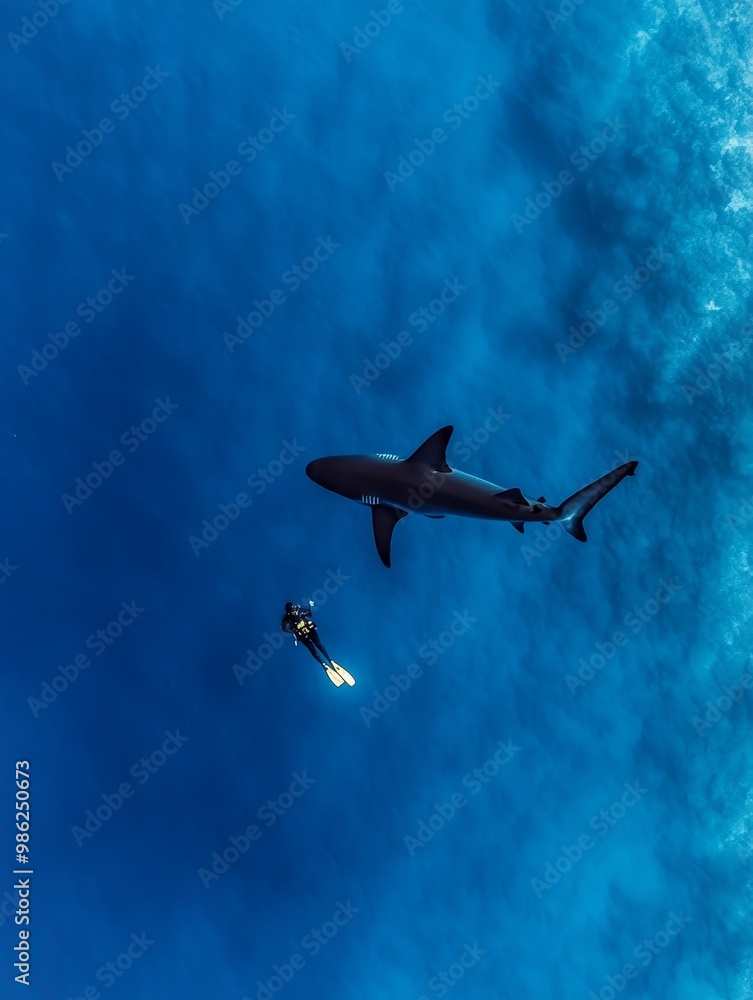 Naklejka premium A diver encounters a majestic shark while exploring the deep blue ocean on a sunny day
