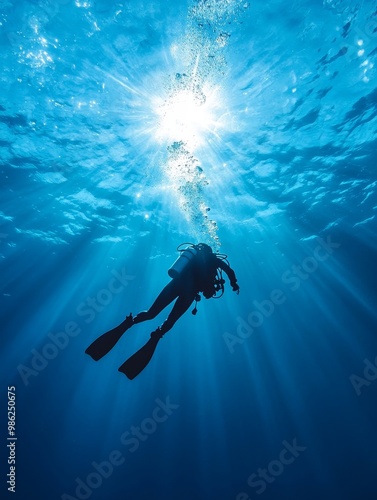 Wallpaper Mural Diver exploring the depths of the ocean near coral reefs during bright afternoon sunlight Torontodigital.ca