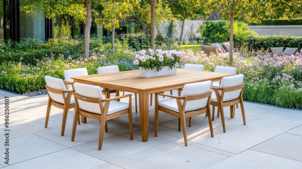 Elegant Outdoor Dining Set Surrounded by Lush Garden Elegant Outdoor Dining Set Surrounded by Lush Garden