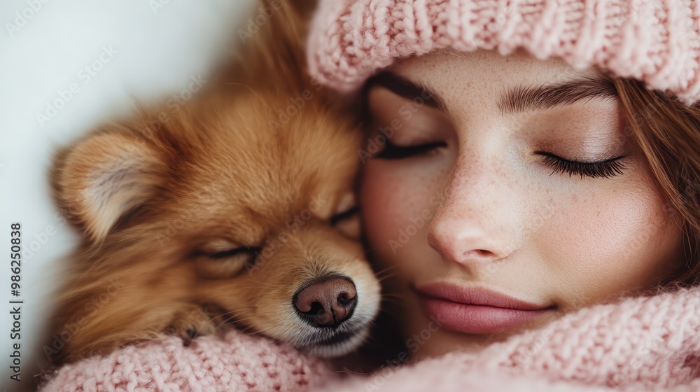 A serene scene showing a small dog gently sleeping, nestled within a pink knitted blanket, capturing a cozy essence and a calm atmosphere in a close-up shot. A serene scene showing a small dog gently sleeping, nestled within a pink knitted blanket, capturing a cozy essence and a calm atmosphere in a close-up shot.