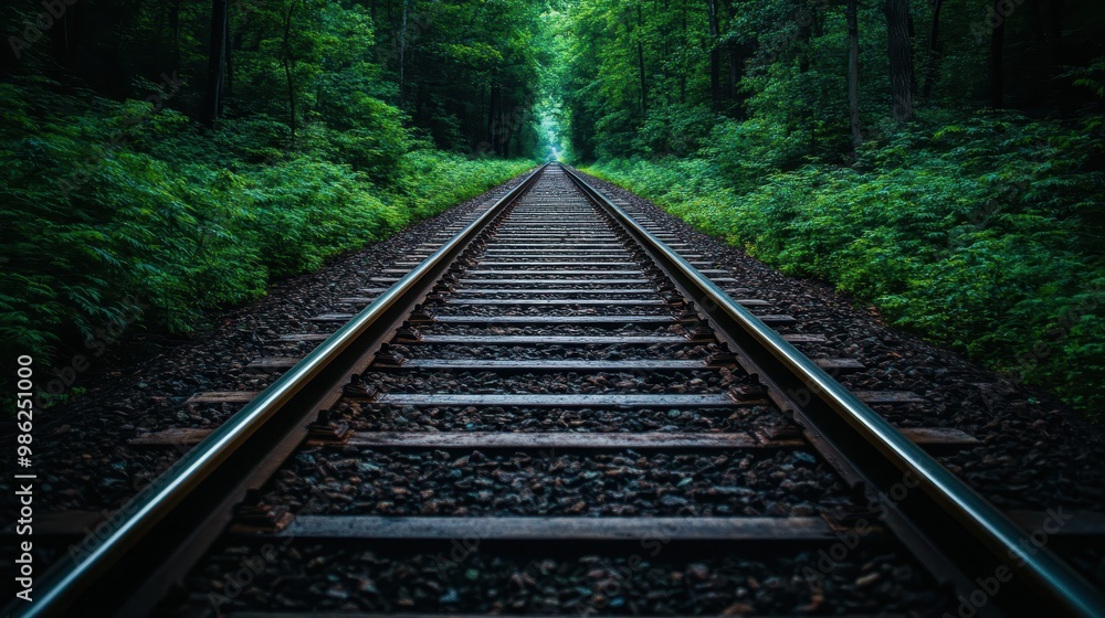 A long railway track stretches into the distance, flanked by verdant greenery and dense forest, creating a serene and tranquil scene that evokes a sense of journey. A long railway track stretches into the distance, flanked by verdant greenery and dense forest, creating a serene and tranquil scene that evokes a sense of journey.
