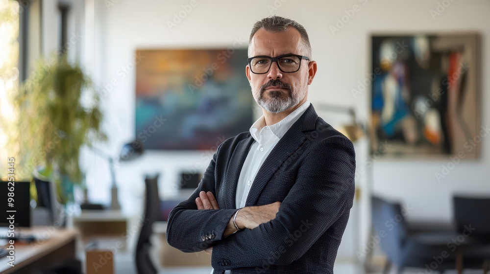 Fototapeta premium Executive standing in an office with modern art, arms crossed, looking seriously at the camera.