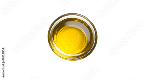 Top view of golden olive oil in glass bowl on transparent background