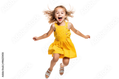 A cheerful little girl with pigtails, laughing and jumping in the air, dressed in a playful summer outfit isolated on white background