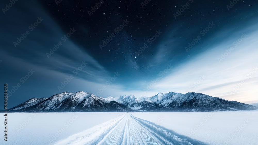 A breathtaking view of a snow-covered mountain range illuminated under a starry winter night, with a clearly visible path extending towards the distant mountains and the night sky. A breathtaking view of a snow-covered mountain range illuminated under a starry winter night, with a clearly visible path extending towards the distant mountains and the night sky.