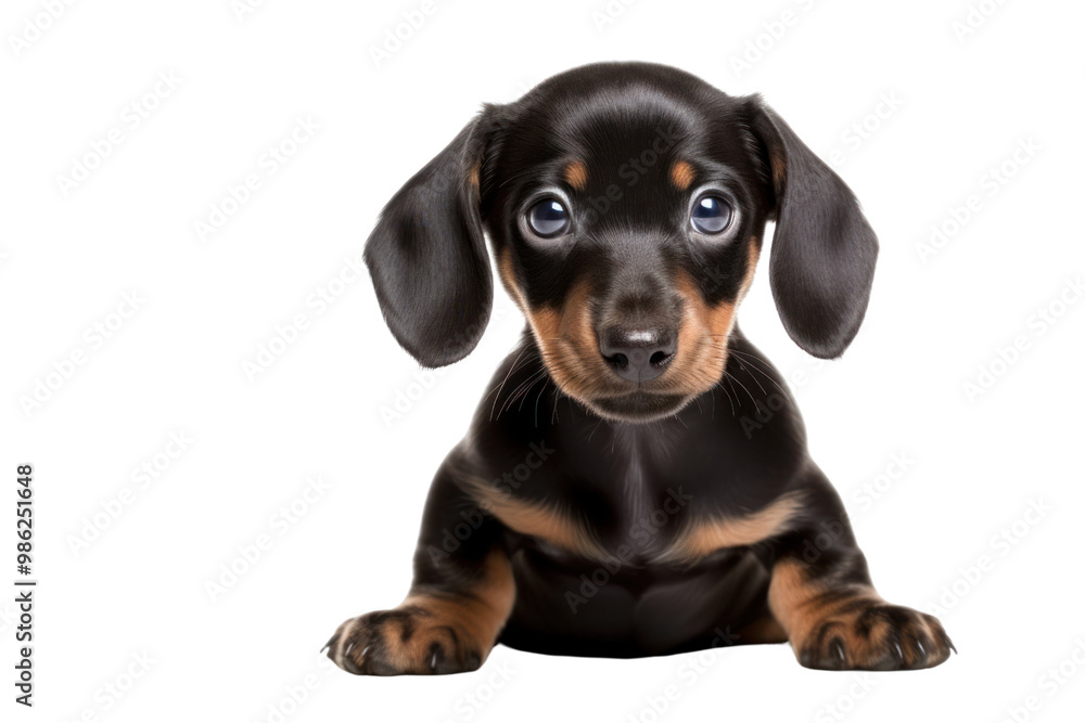 A charming Dachshund puppy with a long body and short legs, playfully looking at the camera . Isolated on white background A charming Dachshund puppy with a long body and short legs, playfully looking at the camera . Isolated on white background