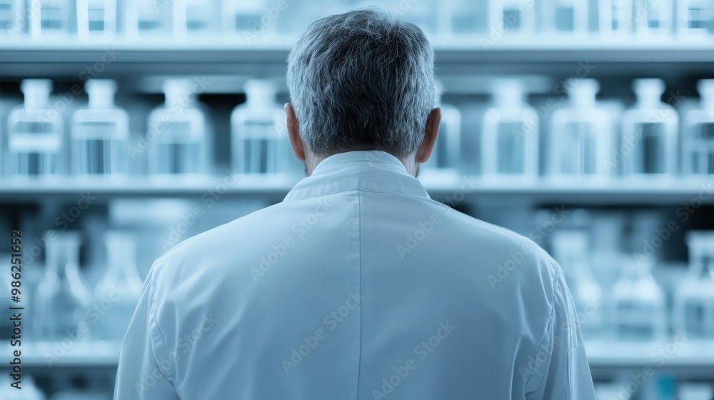 In a high-tech lab, a scientist wearing a white coat is seen from the back, surrounded by shelves filled with various scientific instruments and equipment, deeply engaged in work. In a high-tech lab, a scientist wearing a white coat is seen from the back, surrounded by shelves filled with various scientific instruments and equipment, deeply engaged in work.