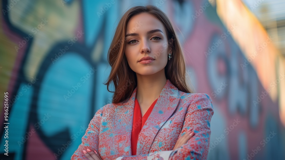 Confident Businesswoman in Colorful Outfit Facing Camera with a Subtle Smile Confident Businesswoman in Colorful Outfit Facing Camera with a Subtle Smile