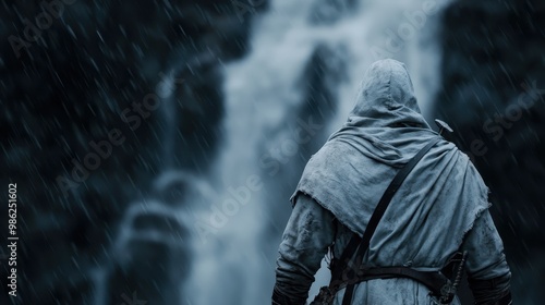 A person wearing hooded, rugged garments stands near a waterfall, with rain pouring around them, presenting a scene that signifies endurance, resilience, and the elements. photo