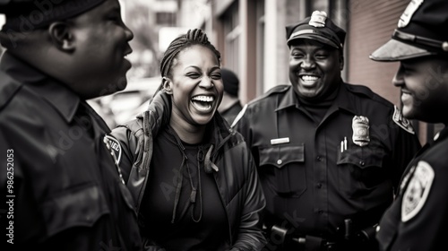 A joyful moment captured in black and white, featuring a group of police officers engaged in a hearty laugh with a woman in an urban setting.