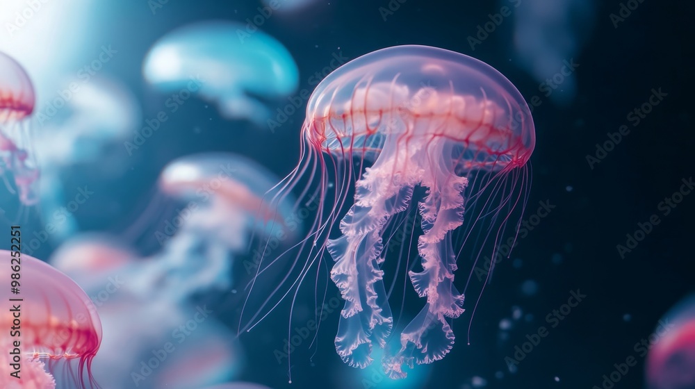 Colorful jellyfish gracefully drifting in the deep sea, illuminated by soft blue light during a serene underwater experience Colorful jellyfish gracefully drifting in the deep sea, illuminated by soft blue light during a serene underwater experience