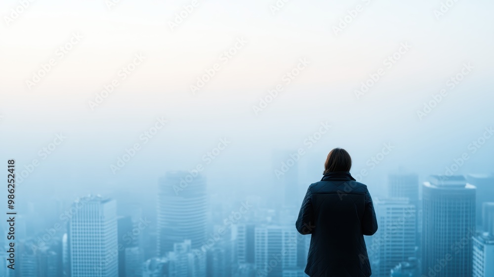A contemplative scene of a person standing on a high viewpoint, gazing over a foggy cityscape in the early morning, evoking a sense of solitude, introspection, and tranquility. A contemplative scene of a person standing on a high viewpoint, gazing over a foggy cityscape in the early morning, evoking a sense of solitude, introspection, and tranquility.