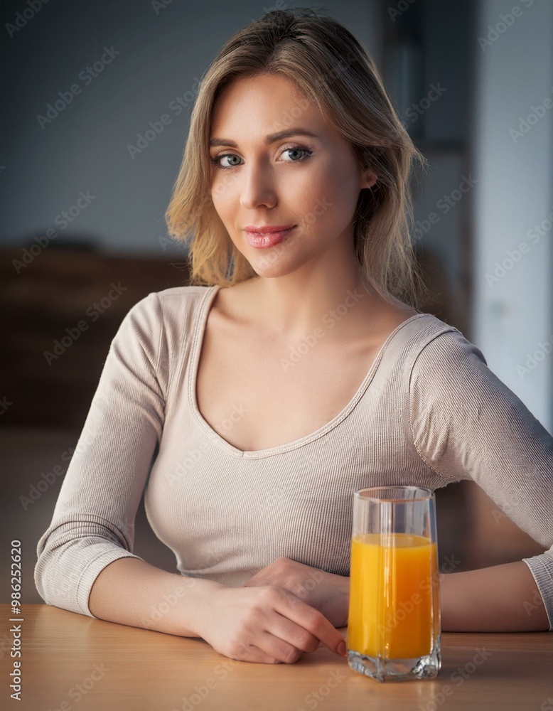 woman sitting at a table with a glass of orange juice woman sitting at a table with a glass of orange juice