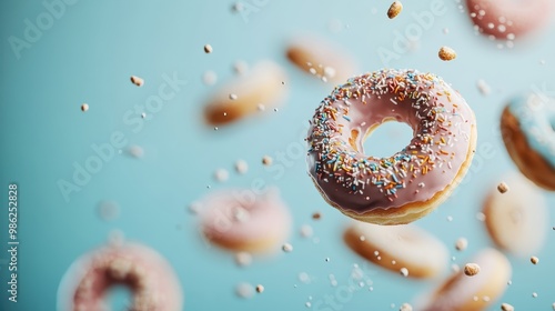 A delicious pink frosted donut with colorful sprinkles hovers against a soft blue backdrop, evoking a sense of whimsy and delight in every viewer. photo