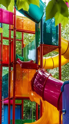 A colorful playground made of acrylic panels, featuring slides and climbing structures in various colors like reds, blues, greens, yellows, pinks, purples, and oranges