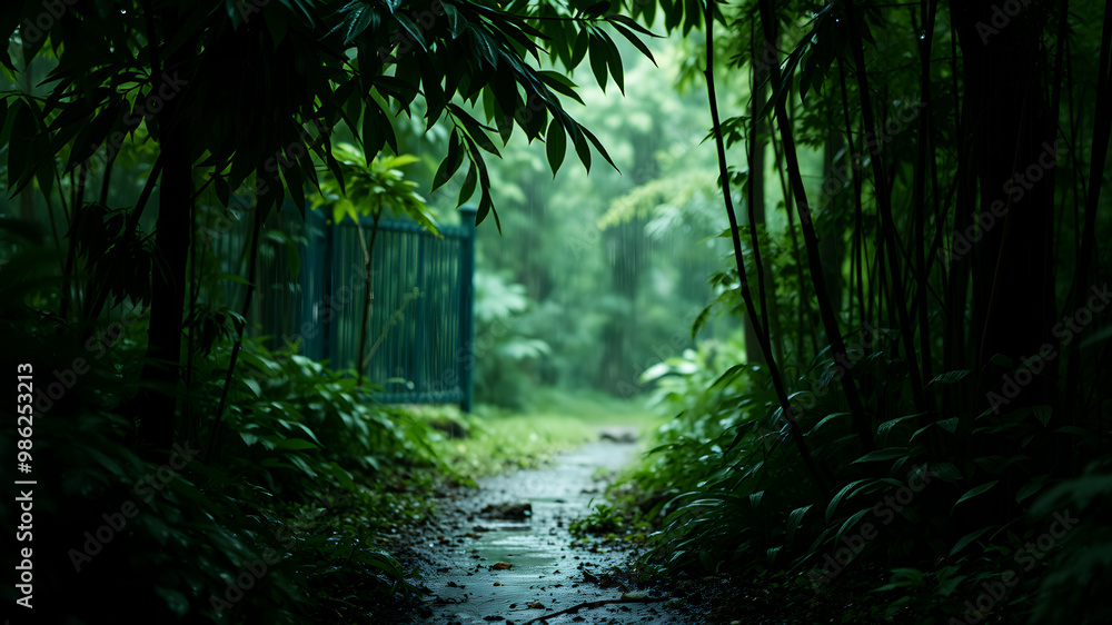 Naklejka premium A lush green forest during a light rain shower, with raindrops dripping off leaves and creating small puddles on the forest floor. The scene is filled with earthy tones and a refreshing ambiance, high
