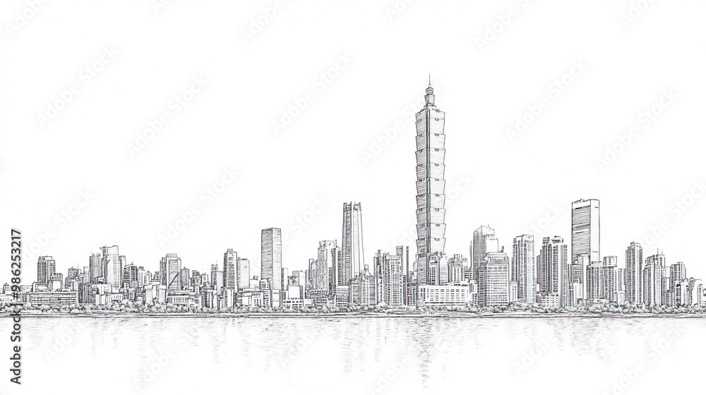 Obraz premium Kaohsiung, Taiwan, black and white pen pencil hand-drawn effect drawing illustration for travel poster, card, wallpaper, backdrop or banner. Modern, clear, artistic and simple