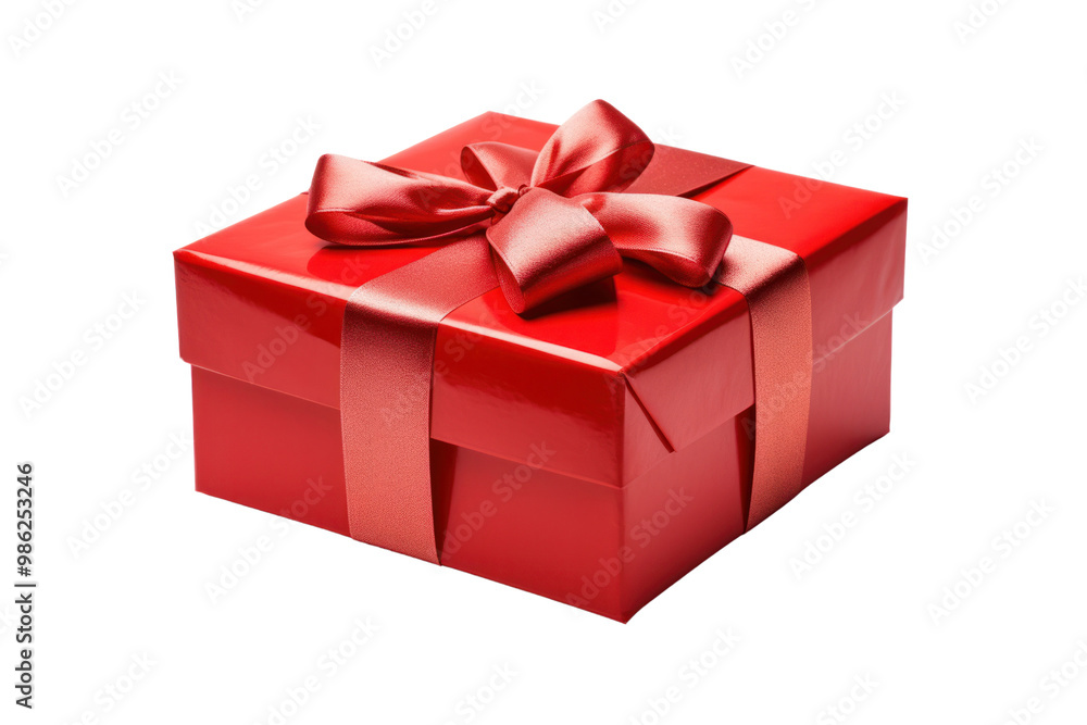A beautifully wrapped gift box with a shiny red ribbon and bow, placed at a slight angle isolated on white background A beautifully wrapped gift box with a shiny red ribbon and bow, placed at a slight angle isolated on white background
