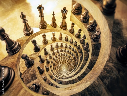 A captivating spiral staircase with chess pieces, visually representing strategy and depth in a unique, artistic perspective. photo