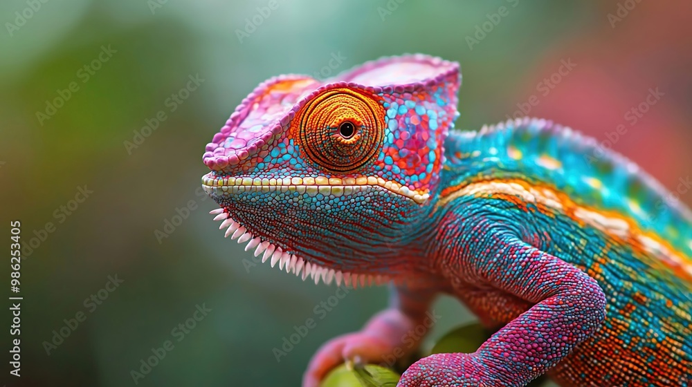 Colorful Chameleon on Leaf in Vibrant Nature Background Colorful Chameleon on Leaf in Vibrant Nature Background