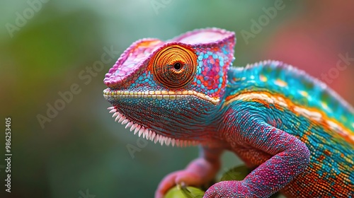 Colorful Chameleon on Leaf in Vibrant Nature Background