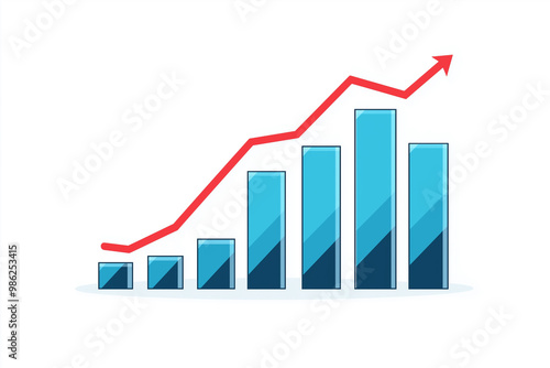 Business bar chart with red arrow on white background