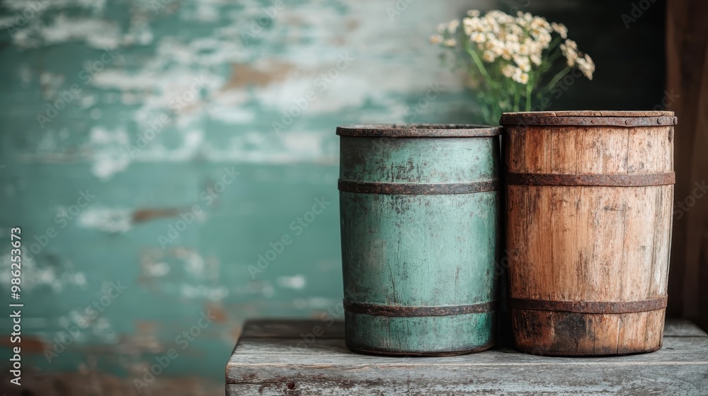 Two rustic barrels, one teal and the other a natural wood finish, standing side by side on a wooden surface against a weathered teal wood wall, exuding a serene and nostalgic atmosphere. Two rustic barrels, one teal and the other a natural wood finish, standing side by side on a wooden surface against a weathered teal wood wall, exuding a serene and nostalgic atmosphere.