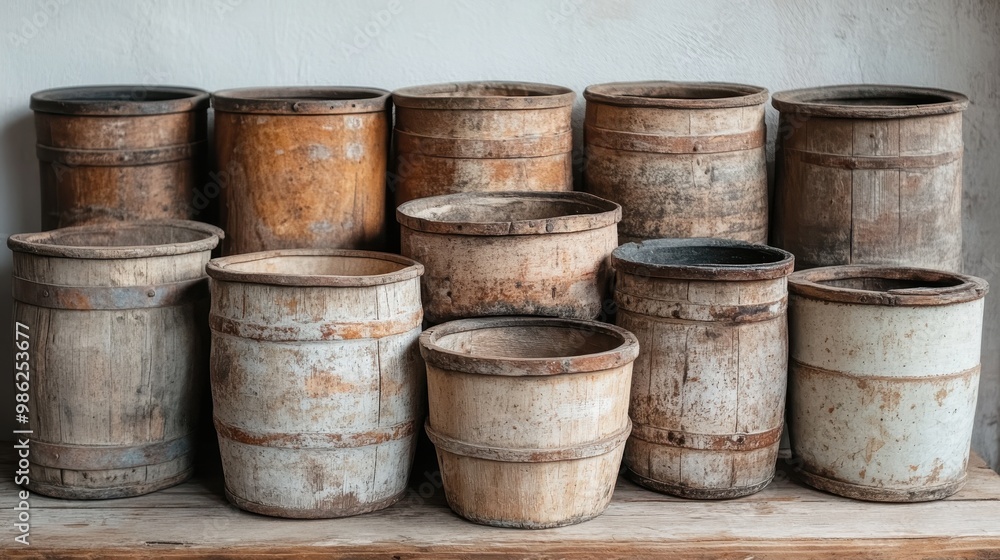A collection of aged wooden buckets placed on a rustic wooden shelf, each unique in its wear and tear, highlighting a vintage and nostalgic ambiance with a touch of countryside charm. A collection of aged wooden buckets placed on a rustic wooden shelf, each unique in its wear and tear, highlighting a vintage and nostalgic ambiance with a touch of countryside charm.