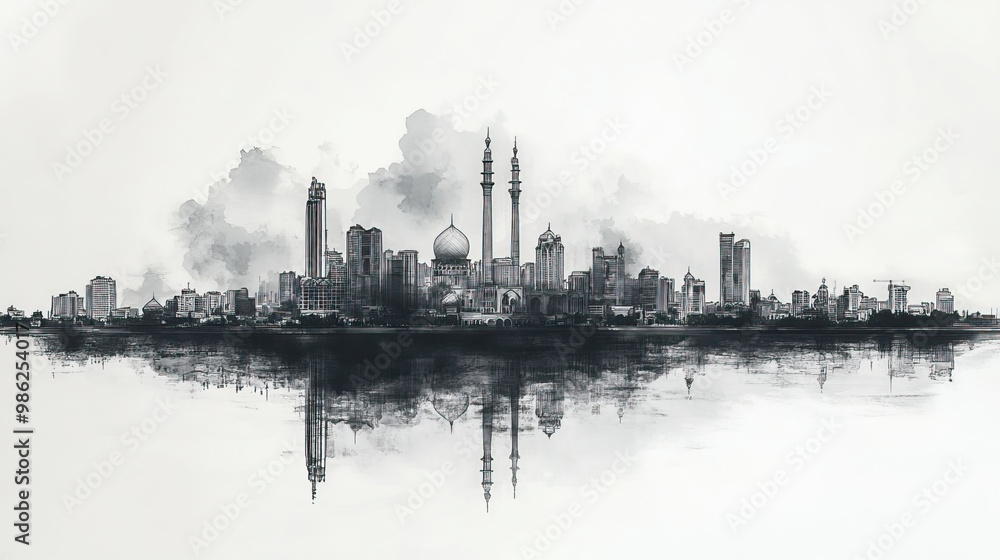 Obraz premium Karachi, Pakistan, black and white pen pencil hand-drawn effect drawing illustration for travel poster, card, wallpaper, backdrop or banner. Modern, clear, artistic and simple