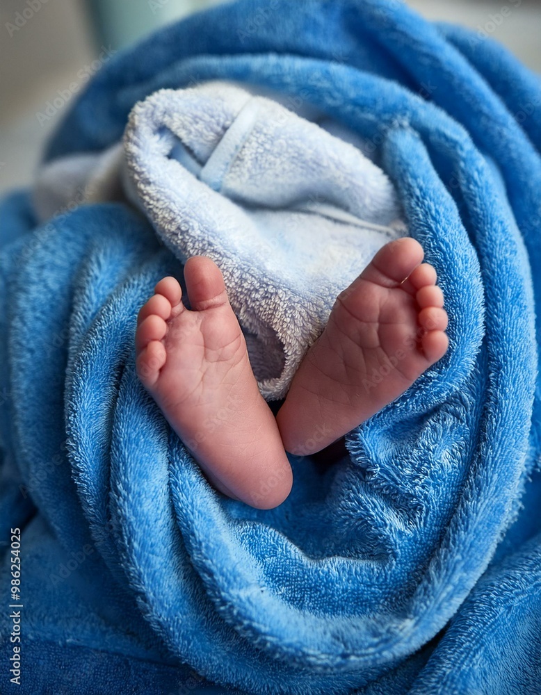 Baby's feet wrapped in a blue terry bath towel Baby's feet wrapped in a blue terry bath towel