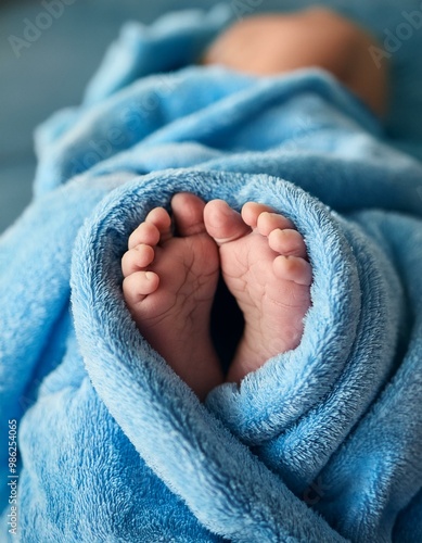Baby's feet wrapped in a blue terry bath towel 