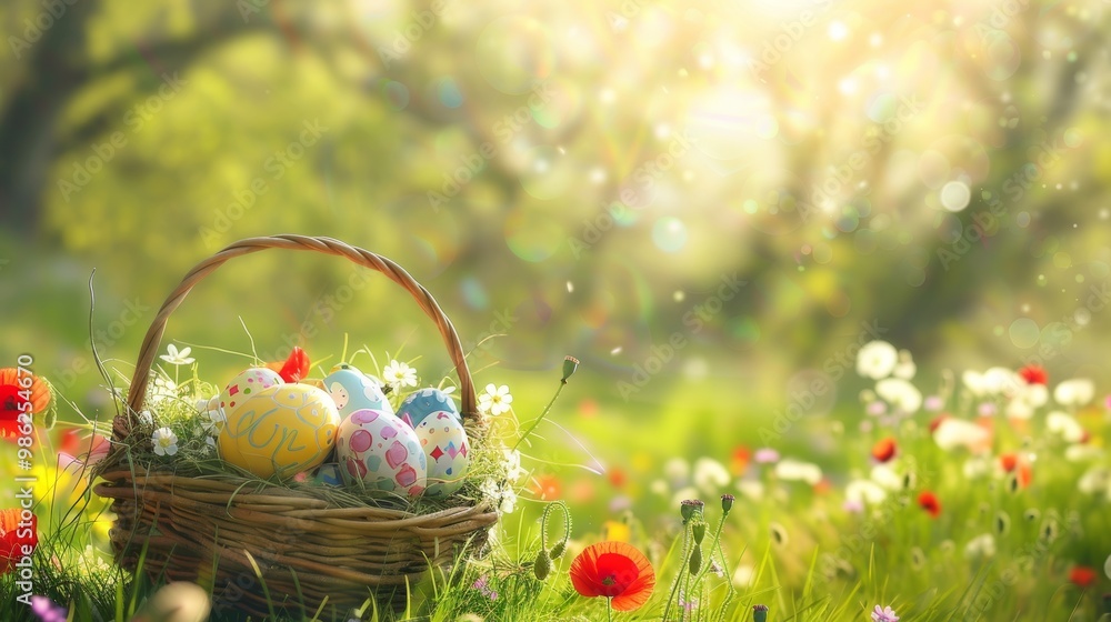 A Basket Full of Colorful Easter Eggs on Grass Surrounded by Poppies. A Basket Full of Colorful Easter Eggs on Grass Surrounded by Poppies.