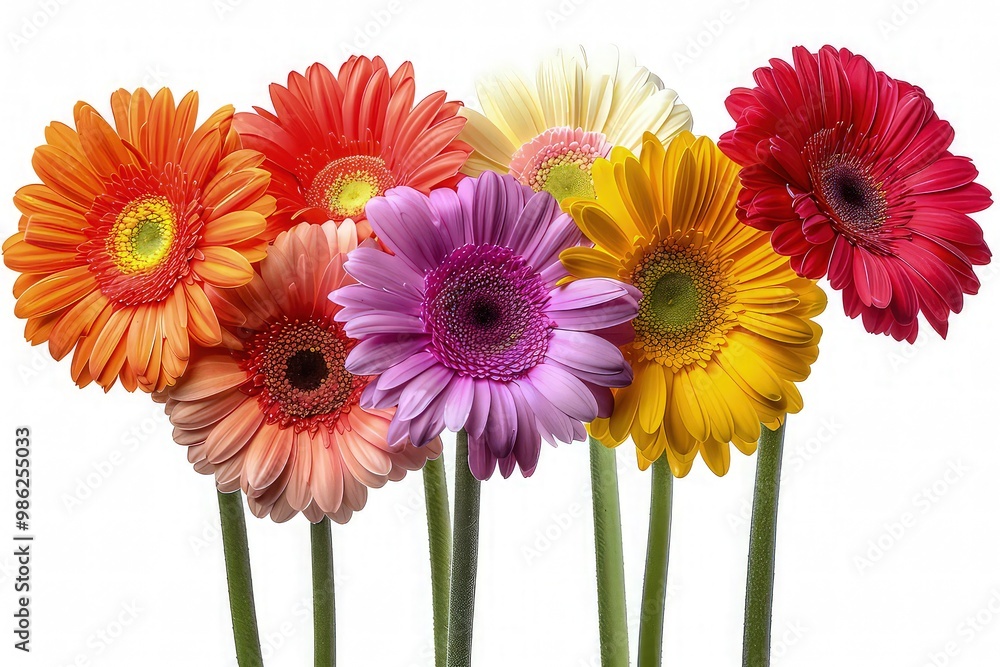 An array of vibrant gerbera daisies in a spectrum of colors, each bloom standing out against a simple, clean background to emphasize their cheerful demeanor. isolated on white background. An array of vibrant gerbera daisies in a spectrum of colors, each bloom standing out against a simple, clean background to emphasize their cheerful demeanor. isolated on white background.