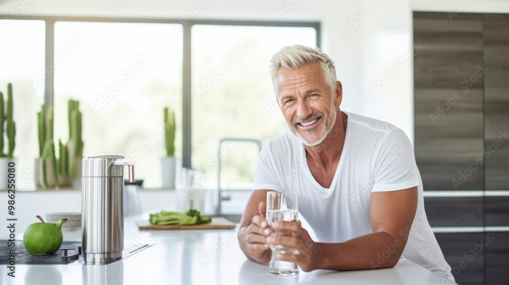 A cheerful elderly man with silver hair and a white t-shirt smiles warmly while holding a glass of water in a bright, modern kitchen with greenery. A cheerful elderly man with silver hair and a white t-shirt smiles warmly while holding a glass of water in a bright, modern kitchen with greenery.