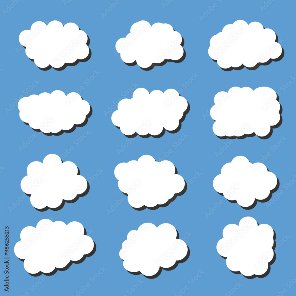 white vector cloud shape set design on blue background white vector cloud shape set design on blue background