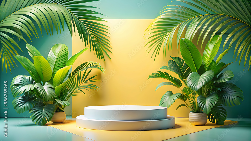podium with tropical summer theme for product display presentation, tropical, summer, vacation, podium,display, presentation podium with tropical summer theme for product display presentation, tropical, summer, vacation, podium,display, presentation