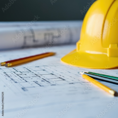Blueprint floor plan with pencils and hard hat symbolizing architectural project management.