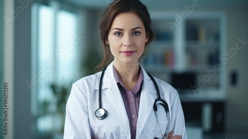 A professional female doctor stands confidently in a modern clinic, wearing a white coat and stethoscope, symbolizing dedication and expertise in healthcare.