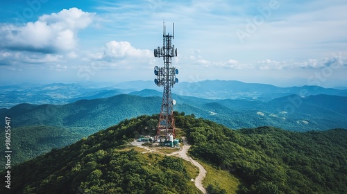 A tall telecommunications tower stands atop a green mountain, surrounded by scenic hills and a blue sky with scattered clouds, emphasizing modern connectivity in nature.