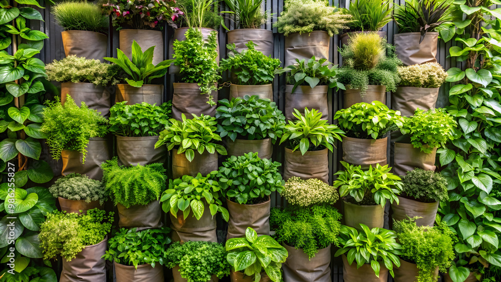 Lush green plant wall with a variety of plants in vertical garden bags , Vertical garden Lush green plant wall with a variety of plants in vertical garden bags , Vertical garden