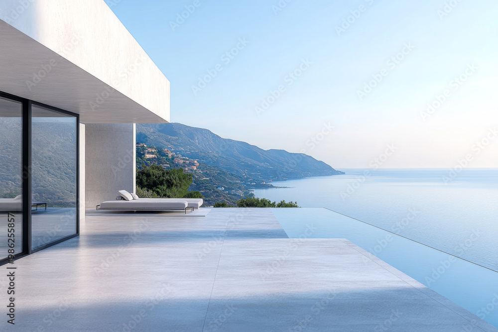 Fototapeta premium Modern villa terrace overlooking tranquil seascape with mountains in distance during early morning light