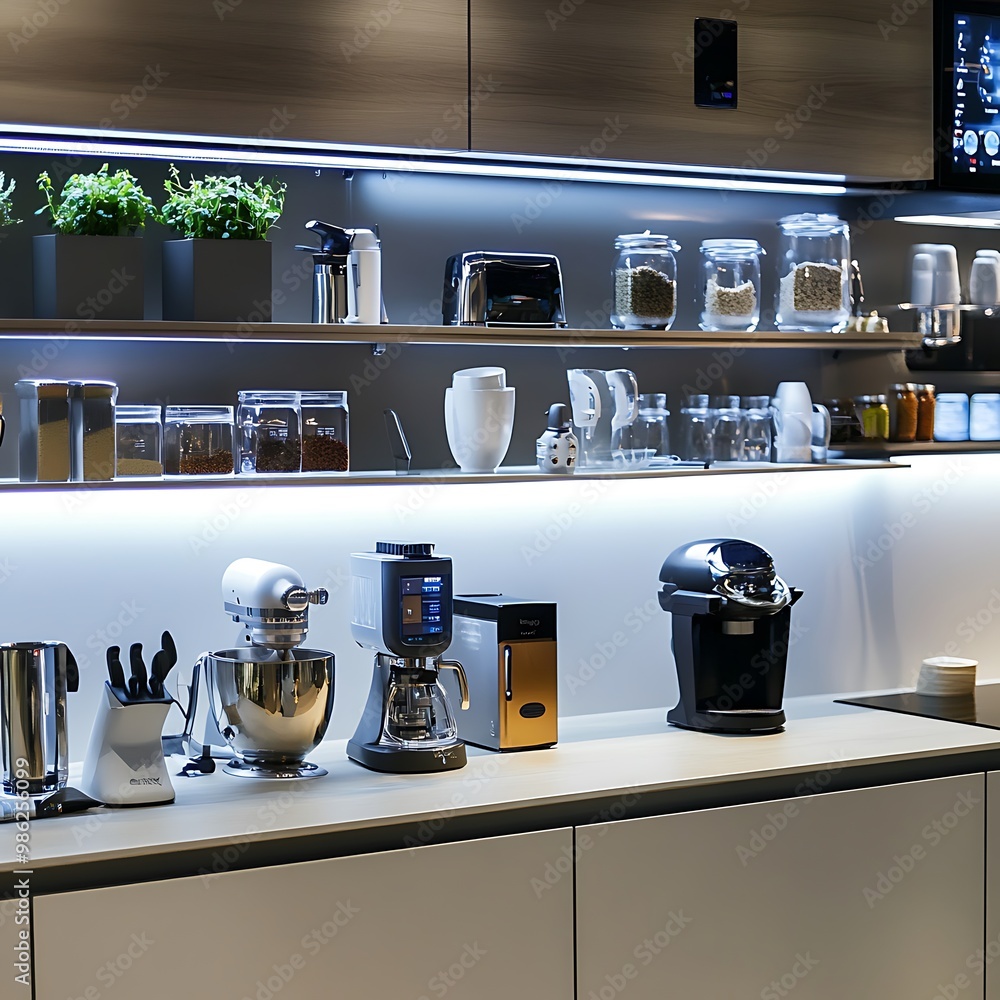 Modern Black Coffee Machine in a Stylish Kitchen with Cup - Sleek Home Appliance Closeup Modern Black Coffee Machine in a Stylish Kitchen with Cup - Sleek Home Appliance Closeup